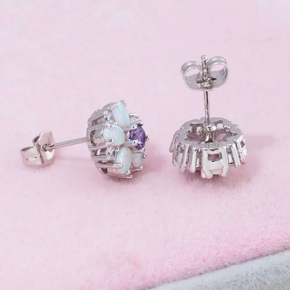 .925 Sterling Silver with White Fire Opal and Amethyst Flower Stud Earrings
